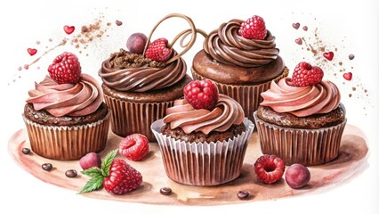 Poster - A watercolor painting of a delicious arrangement of chocolate cupcakes topped with whipped cream and fresh raspberries, accented with delicate sprinkles and a touch of cocoa powder.