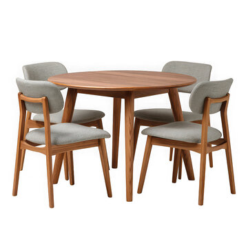 Round wooden dining table with four chairs isolated on transparent background