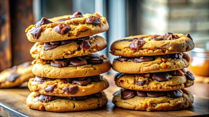 Poster - A stack of chocolate chip cookies with a rich, golden-brown hue, nestled on a rustic wooden surface, a testament to the simple pleasures of baking and the allure of sweet treats.