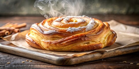 Poster - A Freshly Baked Pastry with a Crispy Crust and a Sweet Glaze, Steaming with Warmth on a Rustic Wooden Board