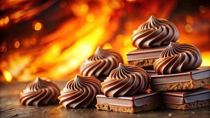 Poster - Gourmet chocolate swirls arranged on a wooden surface, bathed in warm, ambient light, creating a tempting and indulgent visual feast.