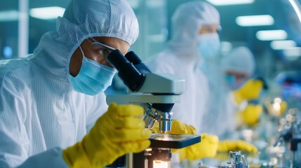 Poster - scientists conduct research in a laboratory using microscopes during a controlled environment