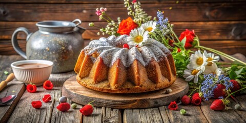 Poster - A Homemade Bundt Cake Decorated with Powdered Sugar and Surrounded by Springtime Flowers on a Rustic Wooden Table