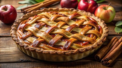 Poster - A freshly baked apple pie with a golden crust, nestled amongst cinnamon sticks and plump apples, a symphony of autumnal flavors.
