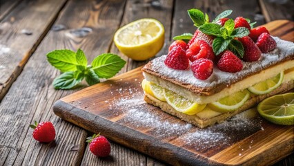 Poster - A Delectable Dessert Featuring Lemon, Lime, and Raspberry Layered Cake, Adorned with Fresh Mint and Powdered Sugar