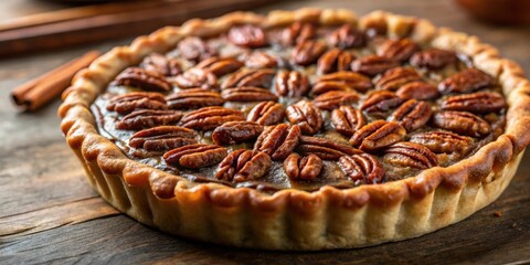 Poster - A golden brown pecan pie with a flaky crust and a generous topping of pecans, sitting on a rustic wooden table, ready to be enjoyed