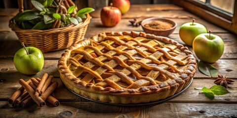 Poster - A Freshly Baked Apple Pie with Cinnamon Sticks and Green Apples on Rustic Wooden Table