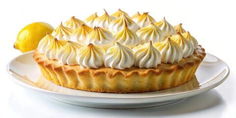 Poster - A freshly baked lemon tart with a delicate meringue topping, sitting on a white plate against a pristine white background