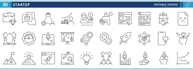Poster - A set of line icons related to Startup. Business, connection, rocket, starting, growth, inspired, efficient, and so on. Vector editable stroke.