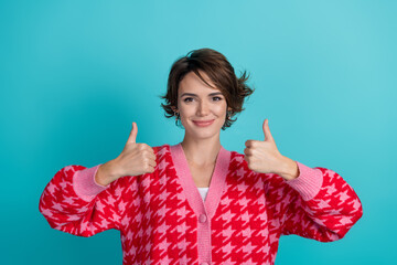 Aufkleber - Photo portrait of lovely young lady show thumb up dressed stylish red garment isolated on aquamarine color background
