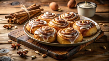 Poster - A Plate of Freshly Baked Cinnamon Rolls with a Creamy Glaze and Cinnamon Sticks on a Wooden Table