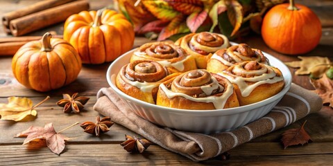 Poster - A bowl of freshly baked cinnamon rolls with white icing, accompanied by autumnal elements like pumpkins, star anise, and fallen leaves, creating a warm and inviting atmosphere.