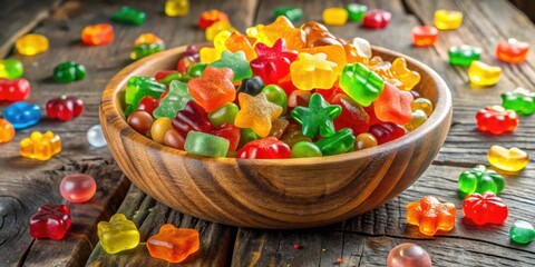 Poster - A bowl overflowing with colorful, translucent jelly candies in various shapes, including stars, bears, and flowers, scattered on a rustic wooden surface.