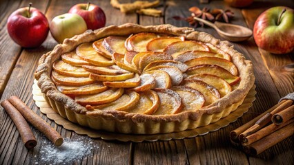Poster - A freshly baked apple pie with a golden crust, sprinkled with powdered sugar, nestled on a wooden surface with cinnamon sticks and apples nearby.