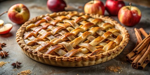 Poster - A perfectly baked apple pie with a golden brown crust, surrounded by fresh apples and cinnamon sticks, creating a delightful autumnal scene.