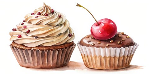 Poster - A watercolor illustration of two cupcakes, one topped with swirls of vanilla buttercream frosting and red sprinkles, and the other with a chocolate glaze and a red cherry.