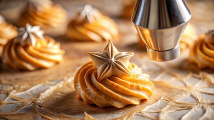 Poster - Close-up of star-shaped pastry decoration being made with a piping bag, creating swirls of golden dough on a baking sheet