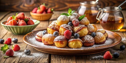 Poster - A plate of freshly made mini pancakes topped with powdered sugar and fresh berries, surrounded by more berries and a jar of honey on a wooden table