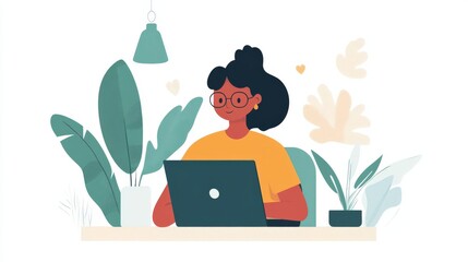 Poster - A woman seated at a desk working on a laptop.