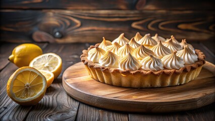Poster - A Homemade Lemon Meringue Tart with a Golden Crust and Fluffy Meringue Topping, Nestled on a Wooden Board