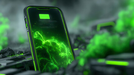 Poster - Transparent smartphone emitting green lightning energy while resting on clouds, symbolizing futuristic wireless technology and innovation