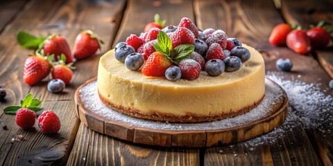 Poster - A delectable cheesecake adorned with a vibrant medley of fresh berries, dusted with powdered sugar and resting on a rustic wooden board.