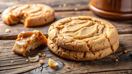 Poster - Close-up of freshly baked cookies with caramel filling, arranged on a rustic wooden table, ready for a delightful treat.