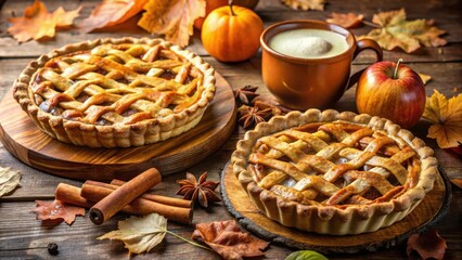Poster - Two golden brown pies with a lattice crust, accompanied by an apple, a pumpkin, cinnamon sticks and star anise, all arranged on a rustic wooden surface.