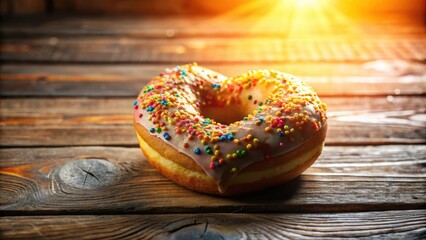 Poster - A single frosted donut with colorful sprinkles sits on a wooden table with a warm glow of light behind it
