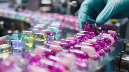 Poster - worker handling colorful gelatin capsules on a production line at a pharmaceutical facility during d