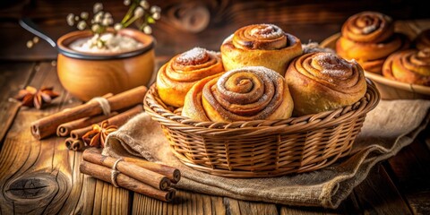 Poster - Sweet Cinnamon Rolls in a Wicker Basket on a Wooden Table with Cinnamon Sticks and Star Anise