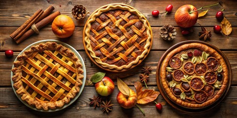Poster - A close-up view of three delicious pies with a lattice crust, nestled among cinnamon sticks, pine cones, star anise, fall leaves, and apples, creating a delightful Thanksgiving feast.