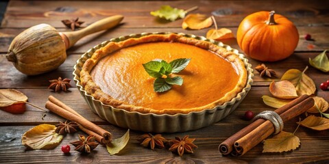 Poster - A freshly baked pumpkin pie with a delicate mint garnish, surrounded by the warm hues of autumn leaves, cinnamon sticks, and star anise, creating a comforting scene of seasonal flavors.