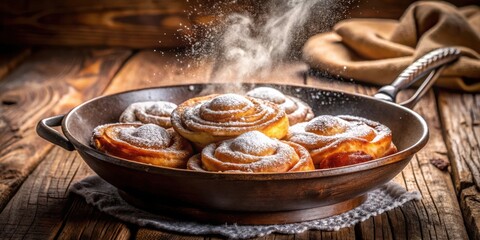 Poster - Sweet Doughnuts with Powdered Sugar in a Cast Iron Skillet on a Rustic Wooden Table