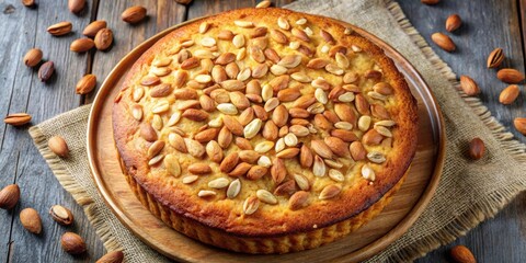 Aufkleber - A golden almond-studded cake, baked to perfection and resting on a rustic wooden platter, surrounded by scattered almonds on a burlap-covered surface.