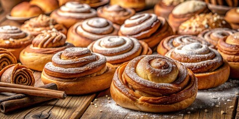 Poster - A Close-Up of Freshly Baked Cinnamon Rolls with Powdered Sugar, Arranged on a Rustic Wooden Surface, Creating a Visually Appealing and Aromatic Scene