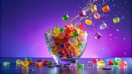 Poster - A bowl of colorful candies with a splash of sugary water falling into the bowl with colorful candies on the table beside it.