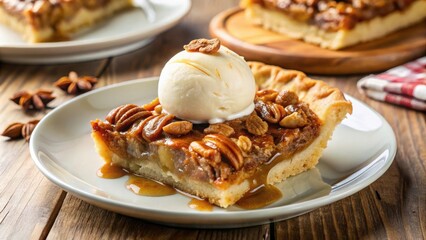 Poster - A Slice of Pecan Pie Topped with a Scoop of Vanilla Ice Cream and Drizzled with Caramel Sauce on a White Plate