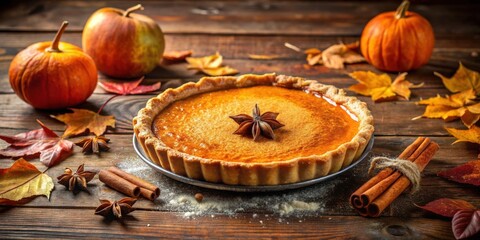 Poster - A rustic autumnal scene with a freshly baked pumpkin pie adorned with star anise and cinnamon sticks, surrounded by fallen leaves on a wooden table.