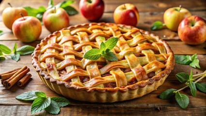 Poster - A golden-brown lattice crust apple pie surrounded by fresh apples and mint leaves, resting on a rustic wooden table