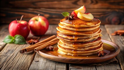 Poster - A Stack of Golden Brown Pancakes Drizzled with Sweet Syrup and Topped with Fresh Fruit and Aromatic Spices on a Rustic Wooden Surface