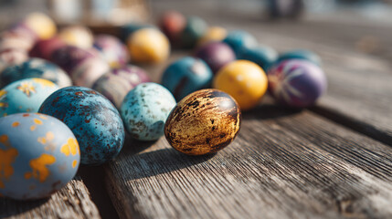 Poster - A close up of colorful easter eggs scattered on a weathered wooden surface in soft natural light