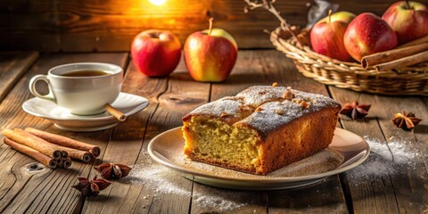 Poster - A Freshly Baked Apple Cake with Cinnamon and Star Anise, Served with a Cup of Tea on a Rustic Wooden Table