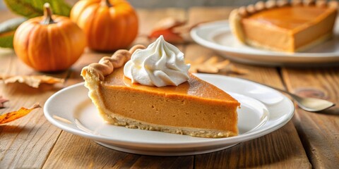 Poster - A slice of pumpkin pie topped with whipped cream, resting on a white plate, with two whole pumpkins and autumn leaves in the background.