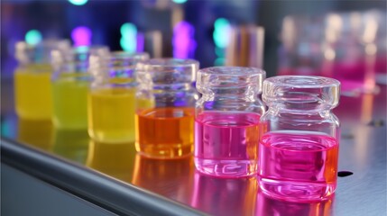 Poster - colorful liquid samples arranged on a laboratory countertop showcasing diverse chemical solutions du