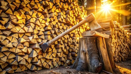 Poster - A  golden  sunbeam  illuminates  a  woodcutter's  axe  resting  on  a  sturdy  tree  stump, surrounded  by  a  meticulously  stacked  pile  of  firewood, ready  for  the  winter  months.