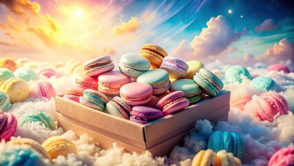 Aufkleber - A delightful assortment of pastel-colored macarons nestled in a cardboard box, perched atop a fluffy cloud, bathed in a warm, dreamy light.