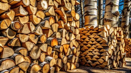 Aufkleber - A Stack of Firewood Logs in a Forest Setting, Sunlight Illuminates the Wooden Texture of the Stack
