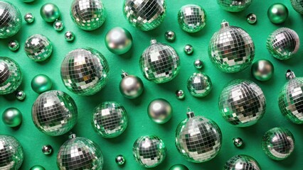Poster - A festive arrangement of disco ball ornaments on a vibrant green background, creating a shimmering and celebratory atmosphere.
