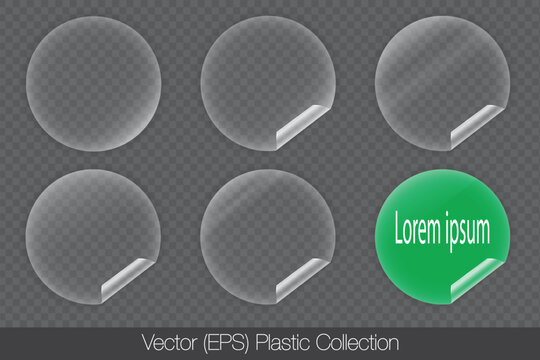 Round plastic stickers with wrinkled edges, transparent adhesive labels set. Realistic 3D Blank circle with a curved edge. Isolated vector (EPS) illustrations, overlay decal elements